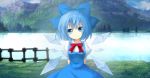  1girl arms_behind_back artist_request blue_eyes blue_hair cirno dress hair_ribbon highres ice ice_wings looking_at_viewer nature puffy_sleeves ribbon scenery short_hair smile solo tagme touhou wings 