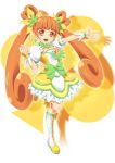  1girl arm_up boots bow brown_eyes brown_hair choker cure_rosetta dokidoki!_precure double_bun earrings flower hair_flower hair_ornament hair_ribbon jewelry kenbi_(hi_himmy) knee_boots long_hair magical_girl precure ribbon skirt smile solo standing_on_one_leg tile_background twintails wrist_cuffs yellow_background yotsuba_alice 