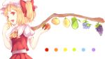  1girl apple ascot blonde_hair blueberry blush fang flandre_scarlet food fruit grapes hat highres lemon open_mouth orange pear red_eyes short_hair side_ponytail simple_background smile solo touhou white_background wings 
