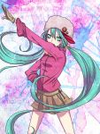  1girl aqua_eyes aqua_hair gloves hand_on_hip hat hatsune_miku long_hair outstretched_arm pafufu skirt solo twintails very_long_hair vocaloid 