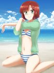  1girl beach bikini brown_hair green_eyes original short_hair stretch swimsuit type-alpha 