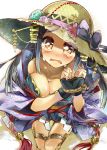  1girl black_hair breasts brown_eyes crying crying_with_eyes_open fingerless_gloves gloves hands_tied hat hidebuu japanese_clothes kimono large_breasts long_hair original ribbon solo tears 