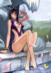  1girl ahri animal_ears barefoot bracelet breasts cleavage cleavage_cutout facial_mark fox_ears fox_tail goggles goggles_on_head goomrrat highres jewelry league_of_legends long_hair multiple_tails necklace one-piece_swimsuit petals pool poolside purple_hair rubber_duck sitting smile solo swimsuit tail very_long_hair yellow_eyes 