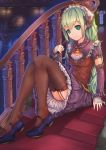  1girl broom fangxiang_cuoluan female garter_straps highres maid sitting solo stairs thighhighs 