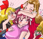  5girls aida_mana angry blonde_hair blue_hair blush brown_hair camera closed_eyes dokidoki!_precure fighting hairband happy head_hug head_under_clothes hishikawa_rikka hug long_hair madoka_aguri multiple_girls nattanata orange_hair pink_eyes pink_hair precure pushing pushing_face red_eyes red_ribbon regina_(dokidoki!_precure) ribbon yotsuba_alice 