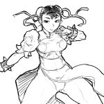  1girl bracelet china_dress chinese_clothes chun-li double_bun fighting_stance hair_ribbon jewelry monochrome pantyhose puffy_sleeves ribbon sash short_hair sketch solo spiked_bracelet spikes street_fighter tsukudani_(coke-buta) 