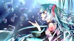  1girl bubble cable detached_sleeves green_eyes green_hair hatsune_miku highres long_hair musical_note necktie noda_maika open_mouth solo tattoo twintails very_long_hair vocaloid 