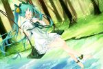  1girl ankle_cuffs anklet aqua_eyes aqua_hair barefoot bell detached_sleeves dutch_angle feet fujishiki_aiko hair_bell hair_ornament hand_on_own_chest hatsune_miku jewelry long_hair looking_at_viewer open_mouth sitting solo swing swinging tree twintails very_long_hair vocaloid water 
