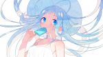  1girl antenna_hair blue_eyes blue_hair donacoo dress hat long_hair original popsicle solo sun_hat sundress 