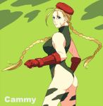  1girl antenna_hair ass beret blonde_hair blue_eyes braid cammy_white camouflage fingerless_gloves gloves hat leotard long_hair lowres scar solo street_fighter thong_leotard touko_(qg2c) twin_braids 