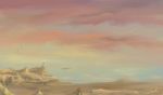 1girl airship brown_hair city desert gate highres lighthouse original scenery short_hair sunset waffle0608 wall wind 