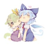  2girls animal_ears ascot barefoot blue_dress blue_hair blush bow cat_ears cat_tail cheek-to-cheek chibi cirno closed_eyes daiyousei dog_ears dog_tail dress fairy_wings fang green_eyes green_hair hair_bow heart ice ice_wings kemonomimi_mode masirosu multiple_girls open_mouth puffy_sleeves shirt short_sleeves simple_background sitting skirt skirt_set tail touhou v_arms vest wariza white_background wings wink 