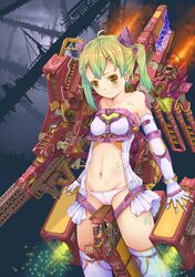  1girl ammunition_belt collarbone elbow_gloves fangxiang_cuoluan frown gloves green_hair gun highres mecha navel original panties pink_panties power_suit thigh-highs twintails underwear weapon yellow_eyes 