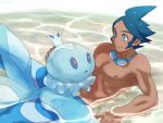  1boy :&gt; @@@ blue_eyes blue_hair frillish goggles pokemon pokemon_(game) pokemon_bw2 shizui_(pokemon) short_hair smile tan water wet 