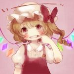  1girl blonde_hair blush crystal dress flandre_scarlet hand_in_mouth hat looking_at_viewer mob_cap ponytail red_dress red_eyes ribbon shirt short_hair side_ponytail simple_background solo touhou underwear wings yujup 