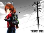  1girl backpack bag blush brown_hair child ellie_(the_last_of_us) fenrixion green_eyes gun highres jeans long_hair ponytail rifle scope sniper_rifle solo t-shirt telephone_pole the_last_of_us weapon 