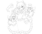  absurdres animal_ears bow braid cat_ears covering_mouth dress fang hair_bow halo hand_over_own_mouth highres kaenbyou_rin lineart long_hair looking_at_viewer miko_machi monochrome open_mouth skull smile touhou twin_braids twintails wings wink zombie_fairy 