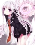  1girl bent_over braid crosshair dangan_ronpa etou_(cherry7) frown gloves hair_ribbon highres jacket kirigiri_kyouko long_hair necktie pleated_skirt purple_hair ribbon skirt solo violet_eyes zoom_layer 