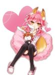  1girl animal_ears caster_(fate/extra) casual character_doll fate/extra fate_(series) fox_ears fox_tail hoodie kishinami_(fate/extra) pink_hair slippers snow-noise solo stuffed_animal stuffed_bunny stuffed_toy tail thigh-highs twintails 