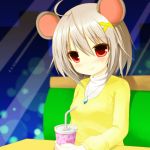  1girl 5240mosu ahoge animal_ears blush contemporary grey_hair highres jewelry mouse_ears nazrin pendant red_eyes short_hair sitting smile solo touhou 