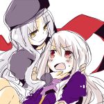  2girls caren_hortensia fang fate_(series) hand_on_another&#039;s_face hat illyasviel_von_einzbern lowres multiple_girls open_mouth red_eyes shio_kuzumochi sweatdrop white_hair yellow_eyes 