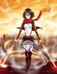  1girl belt black_hair blood blood_on_face clouds dual_wielding highres long_sleeves mikasa_ackerman scarf shingeki_no_kyojin short_hair sky solo thigh_strap three-dimensional_maneuver_gear titan_(shingeki_no_kyojin) uniform uonuma_yuu violet_eyes 