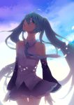  1girl ahoge ayune detached_sleeves hatsune_miku highres long_hair looking_at_viewer nail_polish necktie skirt sky solo twintails very_long_hair vocaloid 