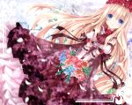  1girl arm_ribbon ascot bare_shoulders blonde_hair blue_eyes bouquet detached_sleeves dress flower hair_flower hair_ornament layered_dress long_hair nanase_nao original petals puffy_sleeves purple_dress red_rose ribbon_choker rose short_sleeves solo v_arms veil very_long_hair wedding_dress white_dress 