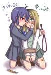  2girls aosora_(mizore) bandaid blonde_hair blue_eyes blush boxcutter collar heart injury leash long_hair multiple_girls red_eyes skirt twintails yandere yuri 