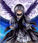  1girl cross dress feathers flower frills gothic_lolita hairband iroha_(nullpo) lolita_fashion long_hair long_sleeves moon puffy_sleeves red_eyes rose rozen_maiden silver_hair sky solo star_(sky) starry_sky suigintou traditional_media wings 