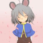  1girl 5240mosu animal_ears arms_behind_back blush capelet cherry_blossoms closed_eyes facing_viewer grey_hair highres jewelry mouse_ears nazrin pendant short_hair smile solo touhou 