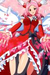  1girl absurdres angel_wings aokura_shou bow brooch cure_angel_(fresh_precure!) cure_passion dress feathers fresh_precure! frills head_wings higashi_setsuna highres jewelry long_hair magical_girl petals pink_background pink_hair precure red_dress red_eyes ribbon smile solo thigh_strap tiara white_wings wings 
