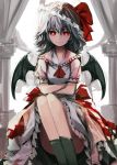  1girl ascot bat_wings blue_hair crossed_arms dress legs light_smile looking_at_viewer red_eyes remilia_scarlet short_hair sitting solo touhou wings zen_o 