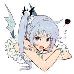  1girl bat_wings blue_hair bow crossed_arms fang fingernails frills glaring hair_bow long_fingernails long_hair open_mouth original pink_eyes poo_(donkan_gokko) side_ponytail solo wings wrist_cuffs 