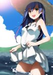  1girl :d apon blue_hair brown_eyes clouds dress hat long_hair open_mouth original skirt_hold sky smile solo summer sun_hat sundress wading water white_dress 