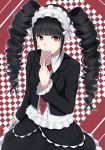  1girl black_hair card celestia_rudenberk covering_mouth dangan_ronpa frills hairband heisei_yutorin lolita_hairband long_hair long_sleeves necktie red_eyes solo twintails 