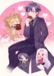  1boy 3girls ahoge animal_costume black_eyes black_hair blonde_hair boned_meat chibi doughnut fang fate/extra fate/tiger_colosseum fate/zero fate_(series) food green_eyes highres hisau_maiya irisviel_von_einzbern lion_costume meat miyako_(xxxbibit) multiple_girls red_eyes saber_lion white_hair 