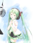  1girl blush green_eyes green_hair hands_on_own_chest hatsune_miku headphones kakashi long_hair microphone necktie open_mouth singing skirt solo thigh-highs twintails very_long_hair vocaloid 