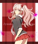  1girl blue_eyes bow dangan_ronpa enoshima_junko hair_bow hair_ornament harusawa long_hair pink_hair school_uniform skirt sleeves_rolled_up solo twintails 