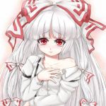  1girl armband blush collarbone crying embarrassed fujiwara_no_mokou gradient gradient_background hair_ribbon hand_on_own_chest lips long_hair long_sleeves looking_at_viewer off_shoulder open_clothes open_shirt red_eyes ribbon simple_background solo streaming_tears sudako_(dai011305) suspenders tears touhou very_long_hair white_hair 