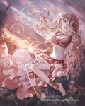  1girl barefoot blonde_hair blue_eyes breasts cleavage detached_sleeves flower hair_flower hair_ornament hand_on_own_chest lighthouse long_hair midriff newrein open_mouth shell sitting sky solo sunset tenkuu_no_crystalia water watermark wind 
