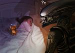  ? absurdres alien alien_(movie) child highres knife luan_(ares6792) original scowl sleeping stuffed_animal stuffed_toy teddy_bear xenomorph 