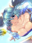  1girl blue_eyes blue_hair breasts cleavage collarbone large_breasts league_of_legends lips long_hair looking_at_viewer musical_note solo sona_buvelle tororoto twintails 