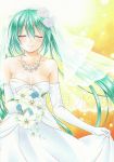  1girl bouquet closed_eyes dress elbow_gloves flower fujiwara_minaho gloves green_hair hatsune_miku jewelry long_hair necklace smile solo strapless_dress twintails veil vocaloid wedding_dress 