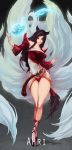  1girl ahri animal_ears bare_shoulders black_hair breasts character_name cleavage detached_sleeves duto energy_ball fox_ears fox_tail hair_ribbon highres league_of_legends long_hair ribbon skirt smile solo tail yellow_eyes 
