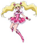  1girl :d blonde_hair boots cure_peach fresh_precure! long_hair momozono_love oekaki open_mouth pink_eyes precure simple_background smile solo turkey_min twintails white_background 