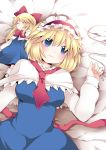  1girl alice_margatroid bed blonde_hair blue_dress blue_eyes blush bow breasts capelet dress hair_bow hairband hammer_(sunset_beach) long_hair looking_at_viewer lying on_back red_string ribbon sash shanghai_doll short_hair sleeping smile solo_focus string touhou 