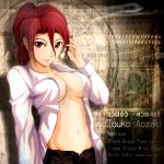  1girl absurdres aozaki_touko breasts cigarette dress_shirt earrings fe_(12141978) highres jewelry kara_no_kyoukai long_hair navel open_clothes open_shirt ponytail red_eyes redhead shirt solo unzipped 