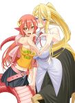  2girls animal_ears belt blonde_hair blue_eyes blush breasts centaur centaurea_shianus cleavage fang hair_ornament hairclip heart heart_hands horse_ears huge_breasts inui_takemaru lamia large_breasts long_hair looking_at_viewer miia_(monster_musume) monster_girl monster_musume_no_iru_nichijou multiple_girls pointy_ears ponytail skirt slit_pupils smile snake_tail tail very_long_hair yellow_eyes 