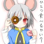  1girl 5240mosu animal_ears blush grey_hair looking_at_viewer mouse_ears nazrin red_eyes short_hair smile solo touhou translation_request wink 